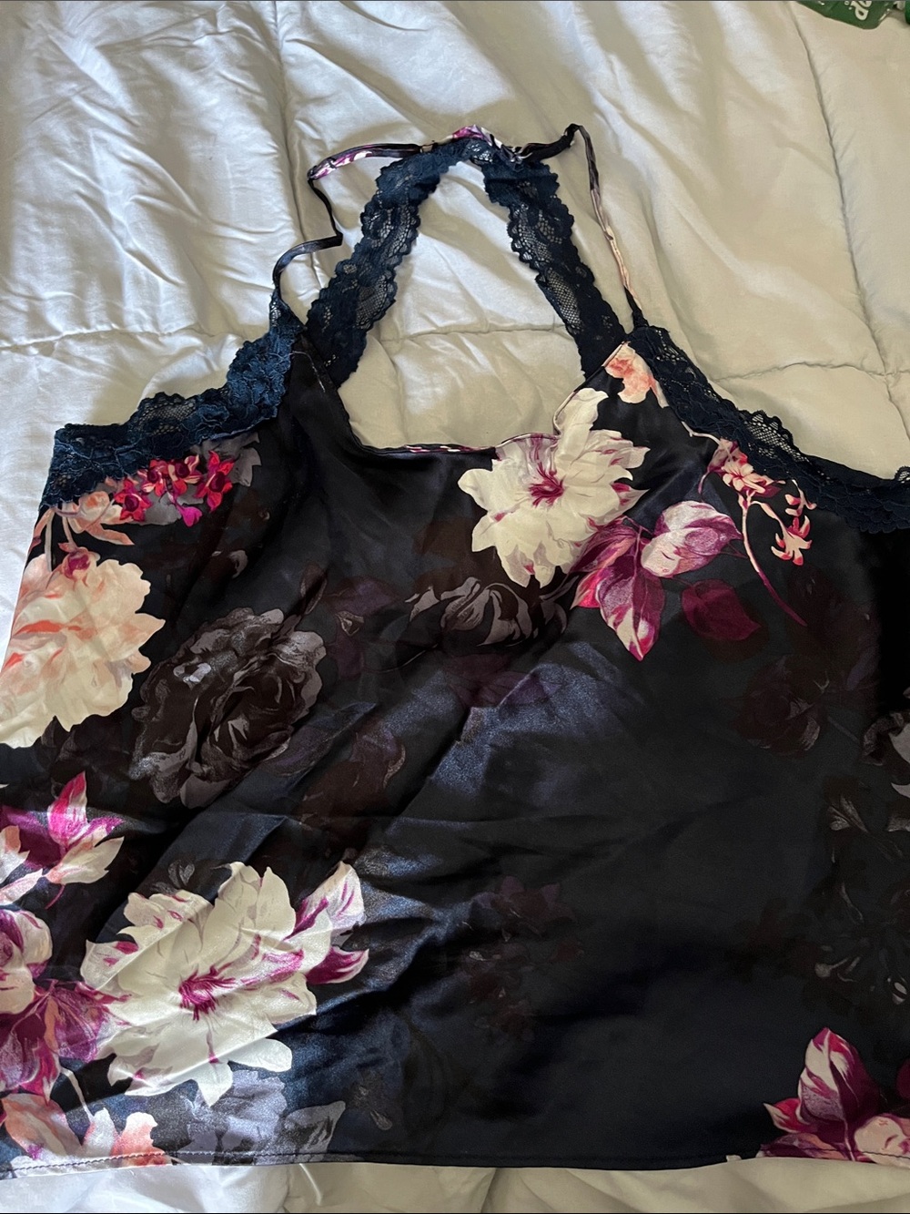 Floral Lace-Trim Satin Chemise in Navy Blue & Pink